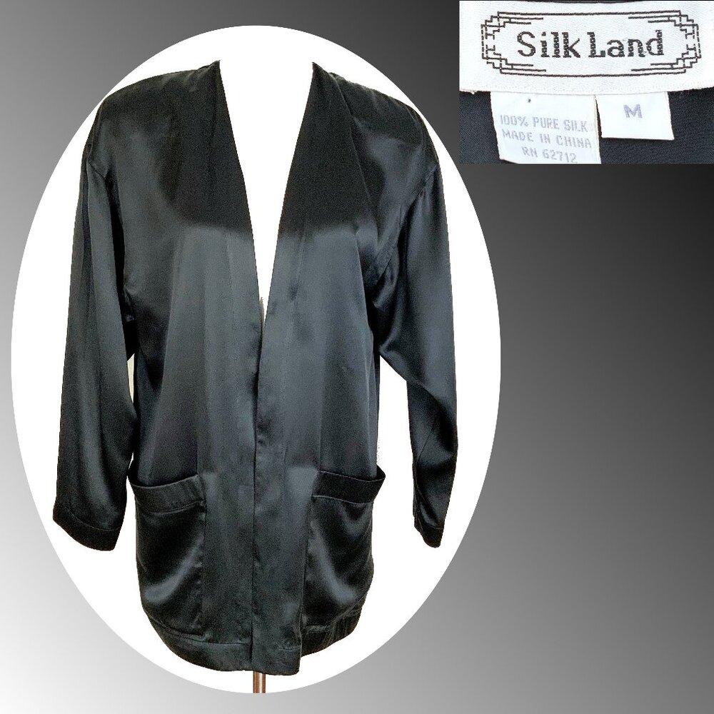 Black Satin Silk Open-Front Jacket Kimono-Style Robe Sz M